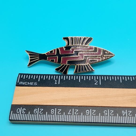 Vintage Laurel Burch Fish Brooch, Cloisonné Enamel Black Brown, Gold Plated 1980 - Picture 8 of 10